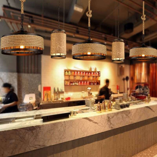 American Country Hemp Rope Restaurant Chandelier Personality Nordic Clothing Store Milk Tea Shop Round Wrought Iron LED Creative Chandelier Decorbites