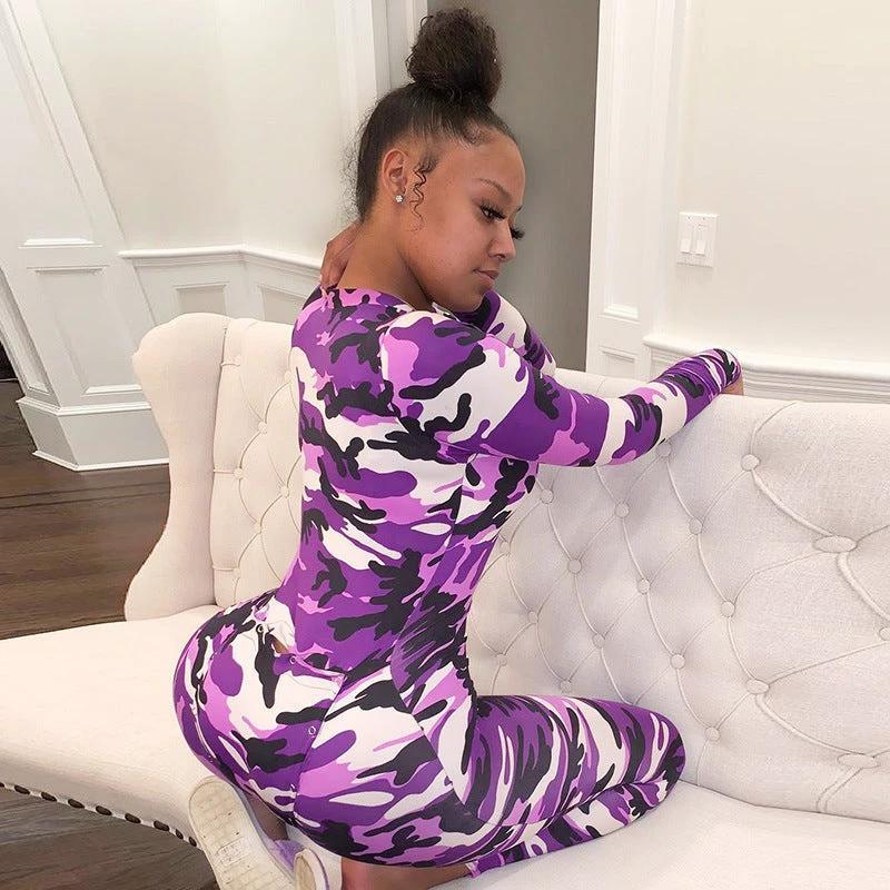 V-neck Romper Camouflage Print Pajamas Sexy One Piece Sleepwear