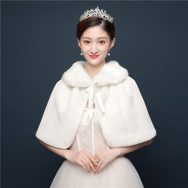 Bride's wedding dress fur shawl women's warm white cloak cheongsam jacket red cloak