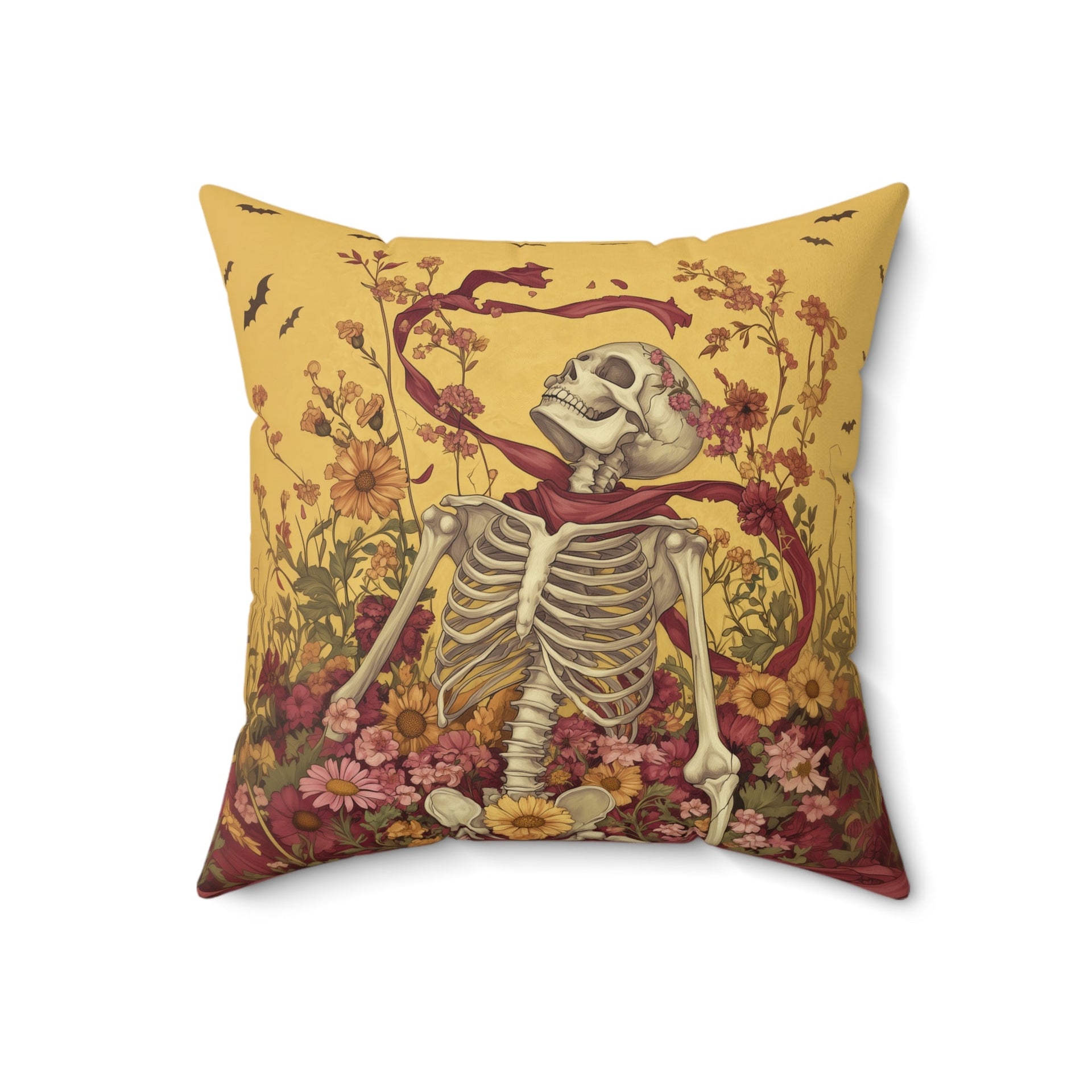 Microsuede Cushion / Halloween Art / Sunny Yellow Boho Skeleton