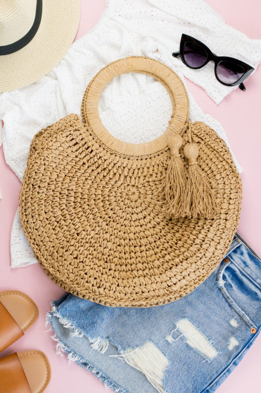 Straw or Khaki Tassel O-Ring Tote Bag