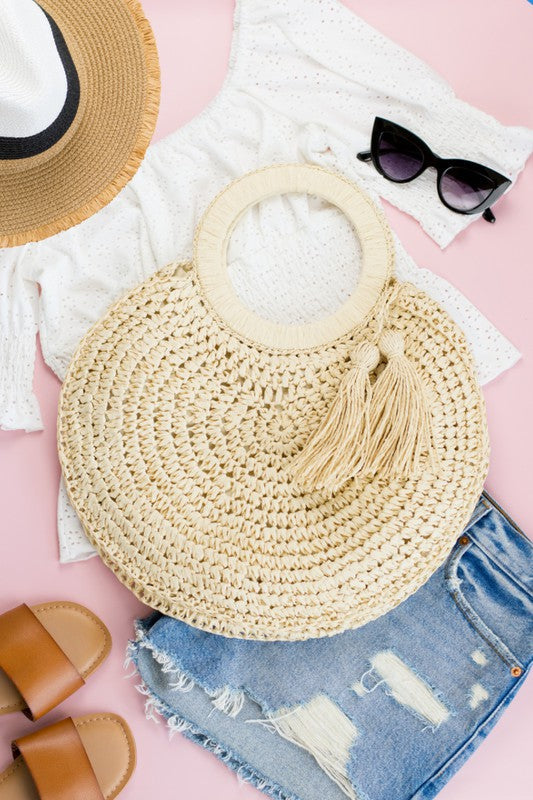 Straw or Khaki Tassel O-Ring Tote Bag