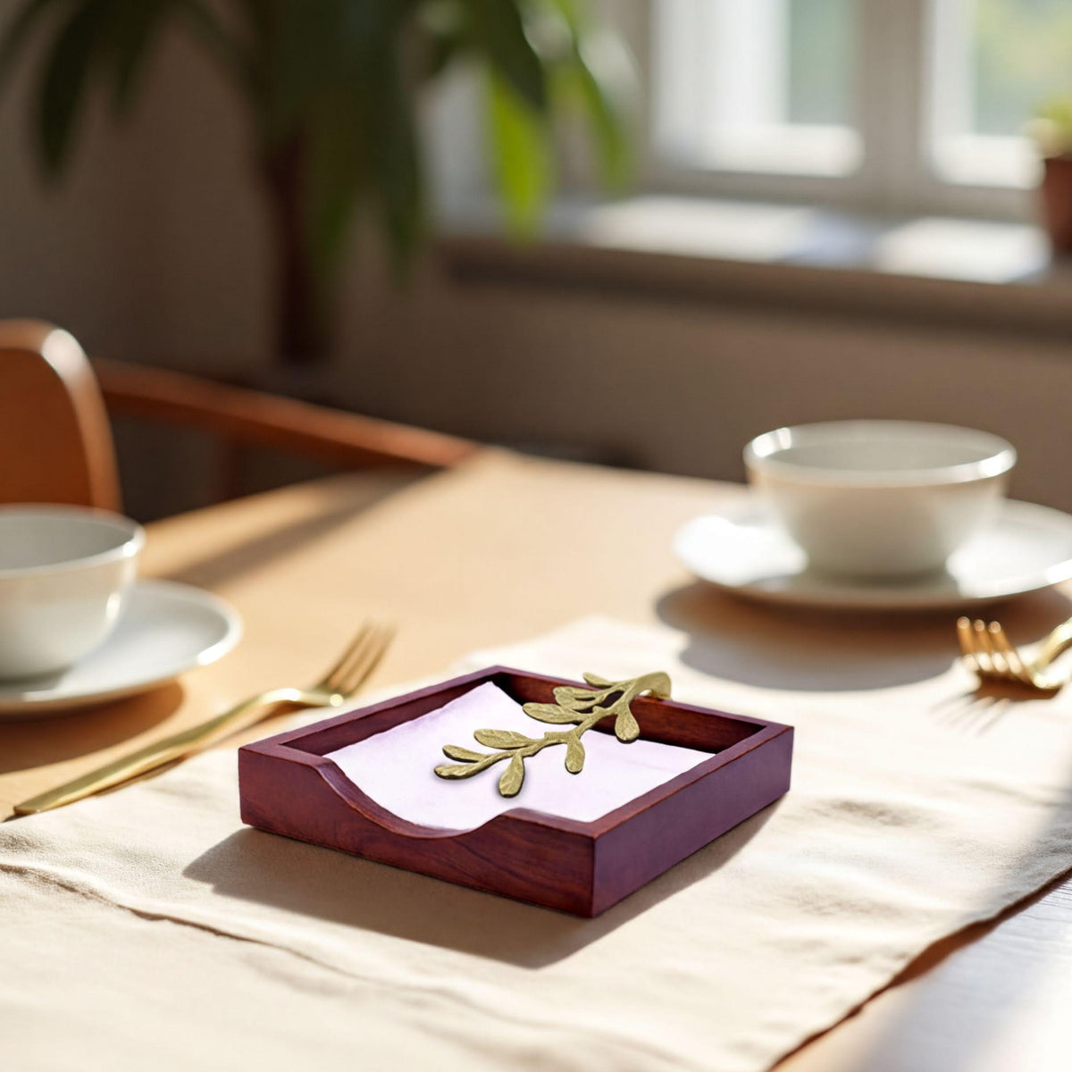 Wooden Napkin Holder – Gold, Weighted Metal Arm