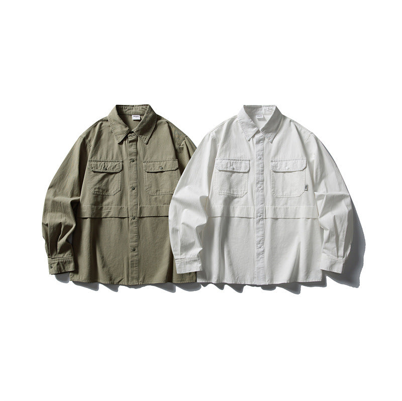 Splicing workwear long sleeved shirt men's loose casual shirt