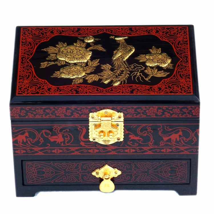 Push‑Top Lacquer Jewelry Box – Red & Black Dowry‑Style Wood Chest