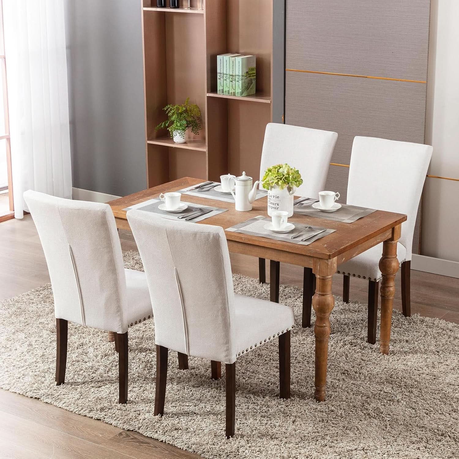 Beige Linen Upholstered High Back Counterheight Chairs