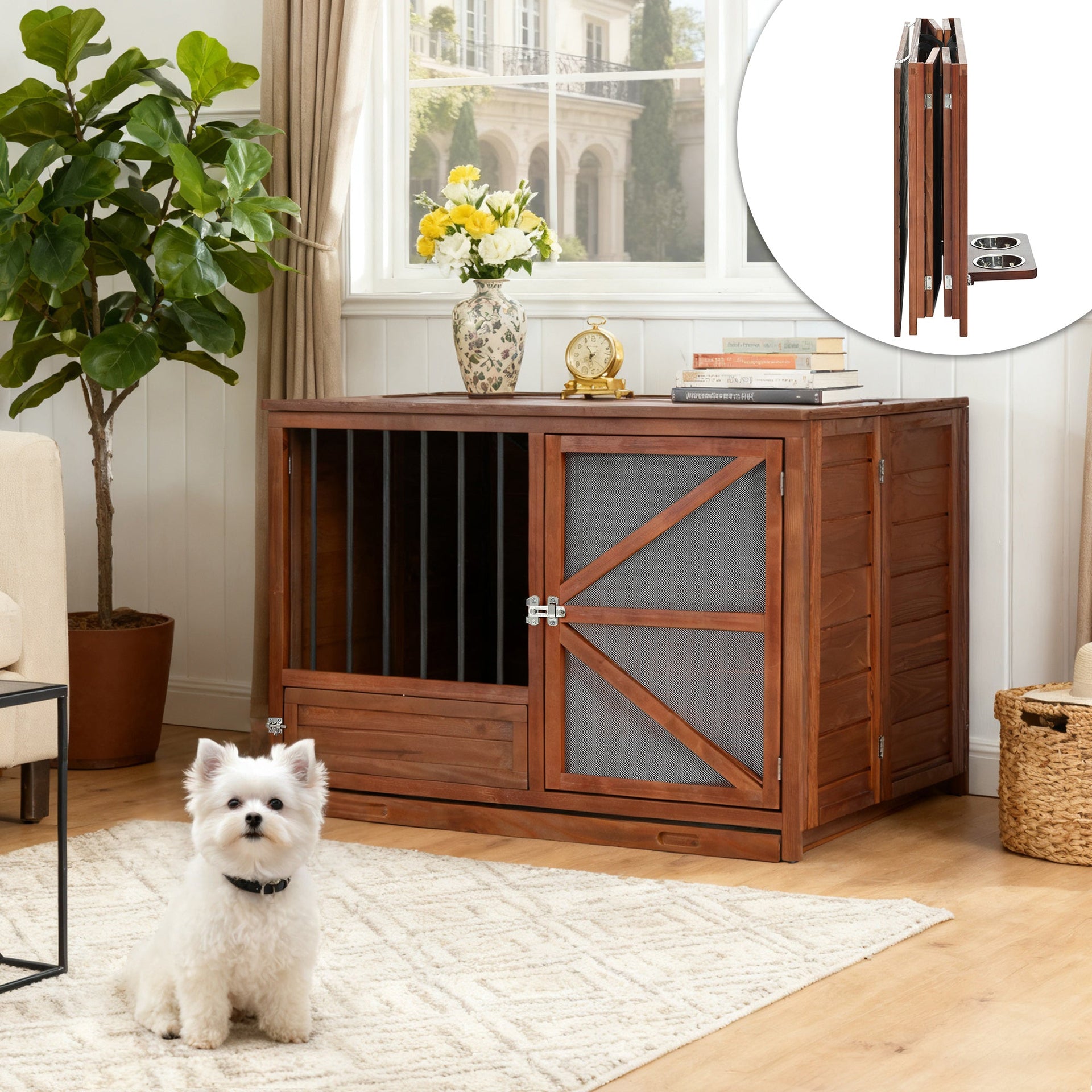 Solid Wood Foldable Dog Crate Furniture with 360° Rotating Feeder and Removable Tray
