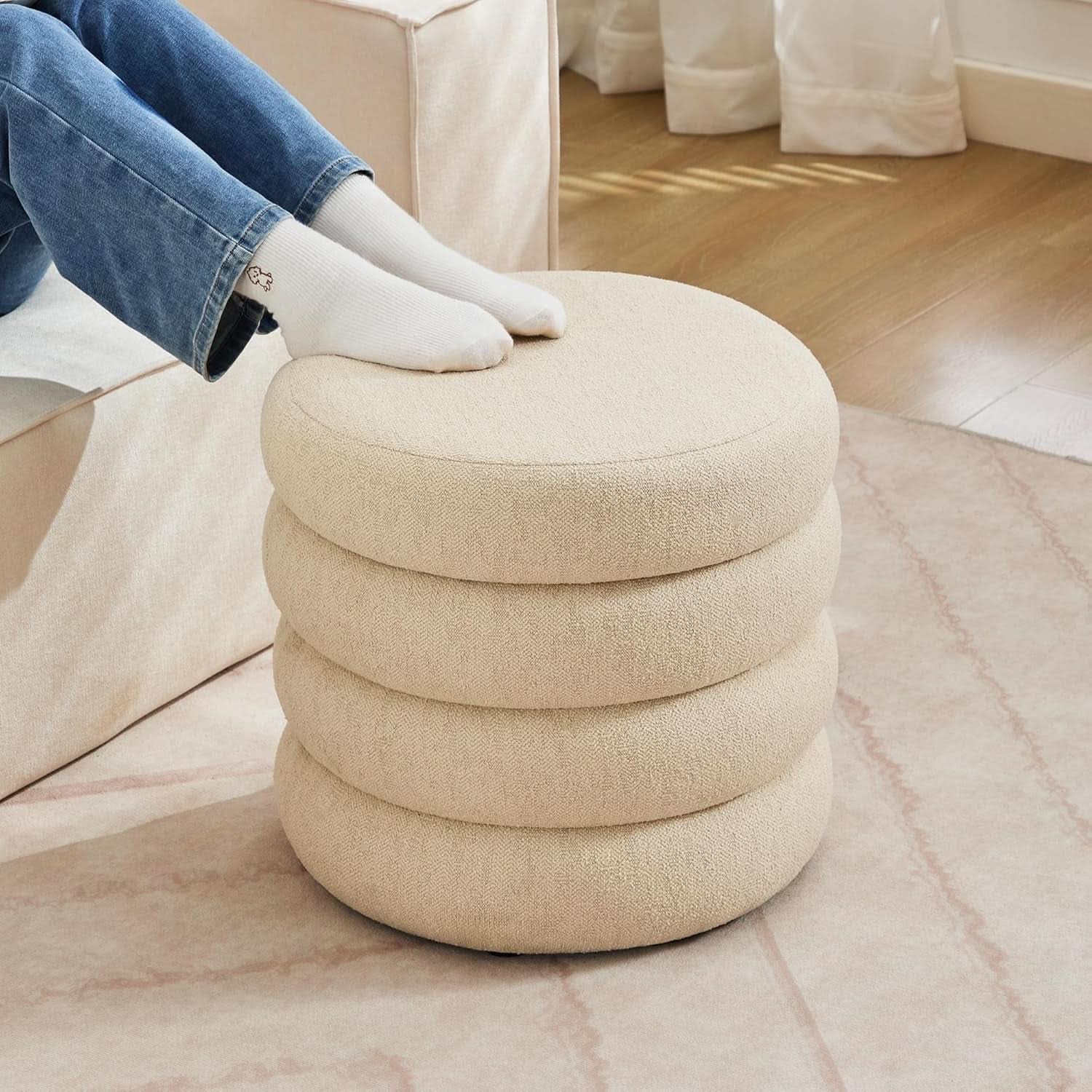 Beige Linen Upholstered Round Storage Ottoman Removable Lid