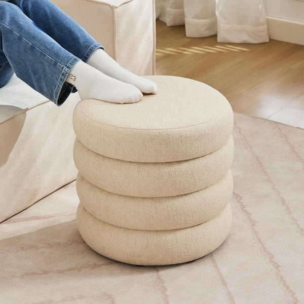Beige Linen Upholstered Round Storage Ottoman Removable Lid