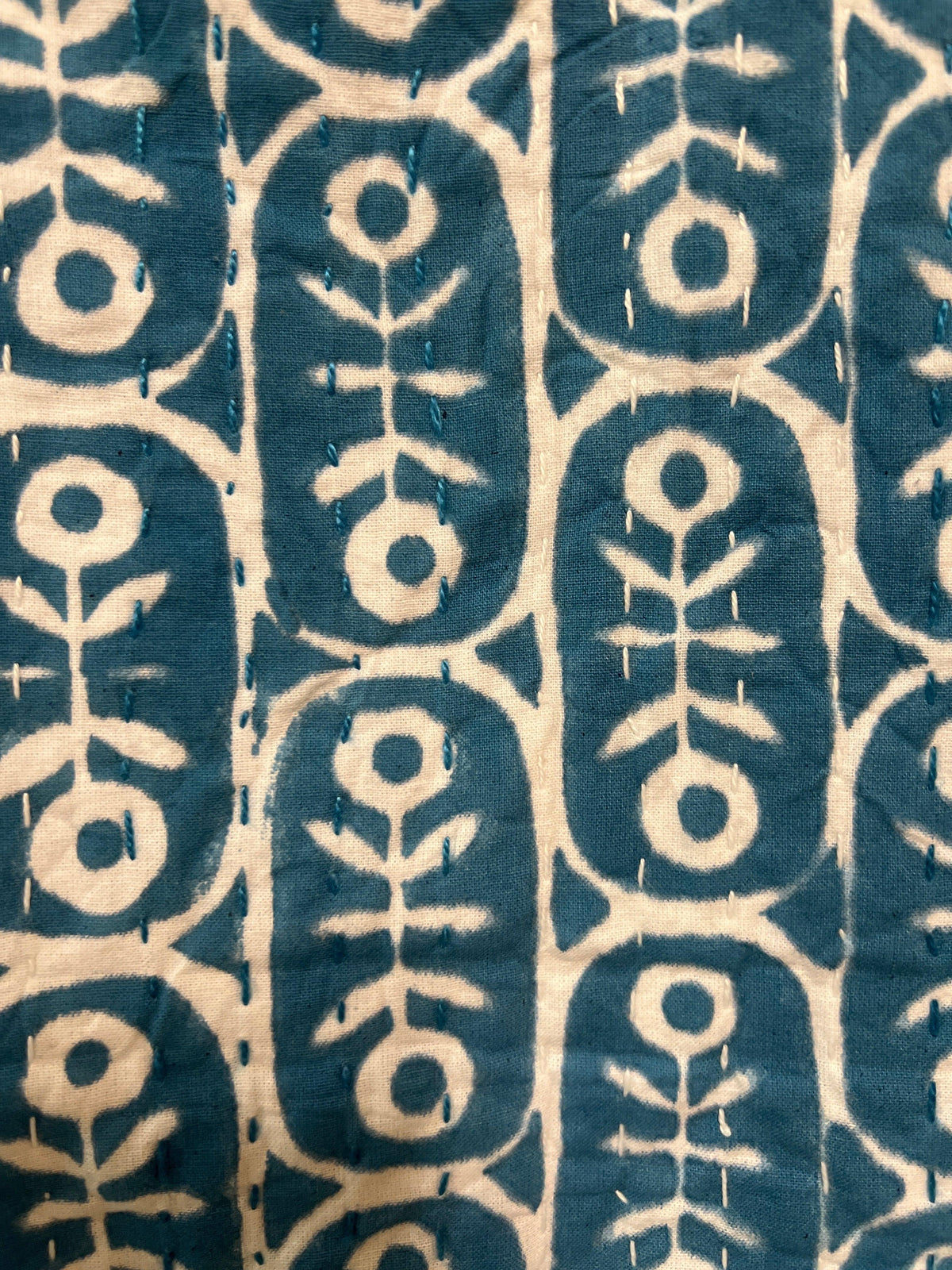 Turquoise Flowers Block Print Cotton Kantha Quilt (Events
