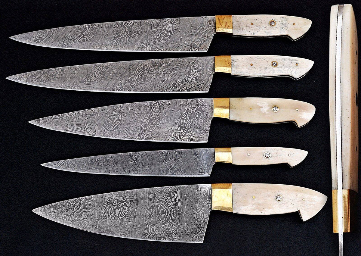 Best Japanese Cutlery Set – 13” Handmade Damascus Steel Chef Knife with Camel Bone Handle, Brass Bolster & Leather Sheath
