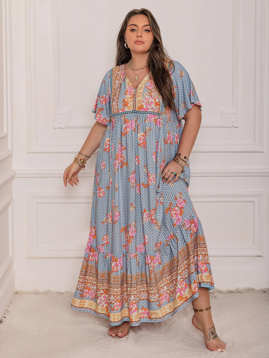Pink Purple Plus Size Printed Flutter Sleeve Maxi Dress Elegant & Flow Gifts for You 'n Me Pink Purple Plus Size Printed Flutter Sleeve Maxi Dress Elegant & Flow Gifts for You 'n Me