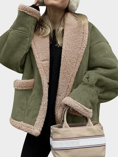 Fuzzy Collared Neck Long Sleeve Jacket with Buttoned Closure and Cozy Pockets