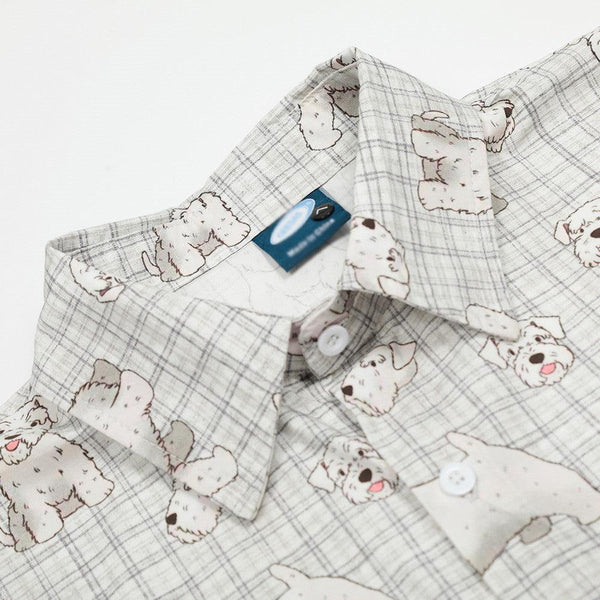 Digital Full Print Cartoon Dog Plaid Short Sleeve Shirt Loose Casual Turn-Down Collar Summer Shirt for Men