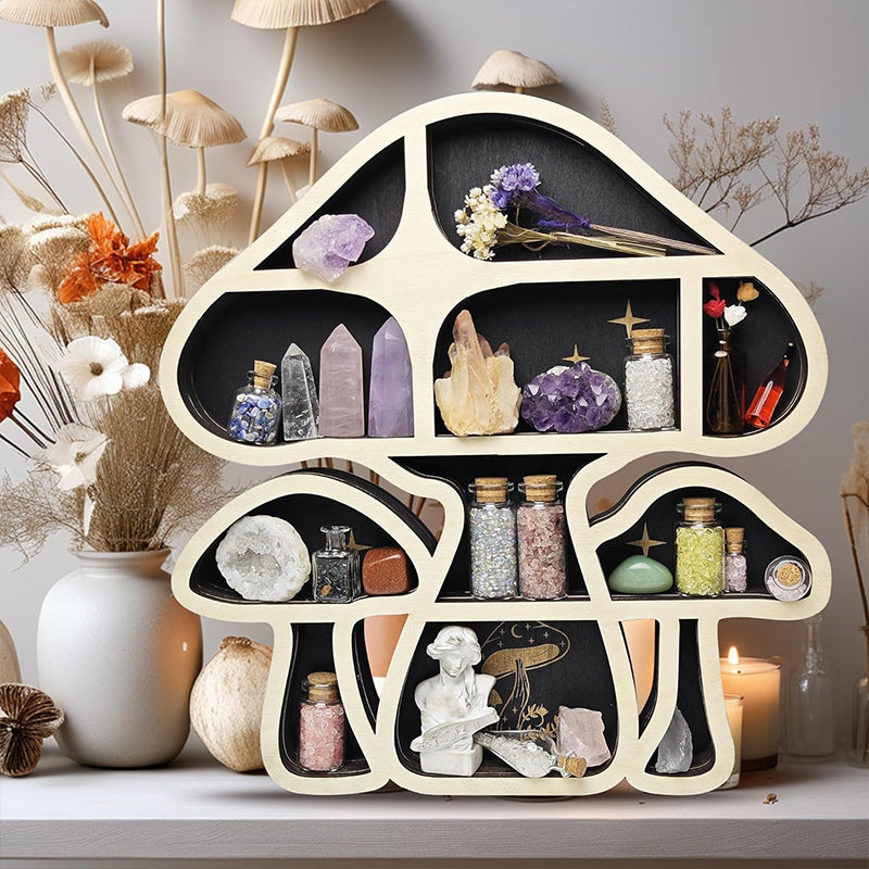 Adorable Mushroom - themed Decor. Wall - mounted Wooden Floating Mushroom Shelf. Ideal as a Crystal Display Shelf or a Rock Gem