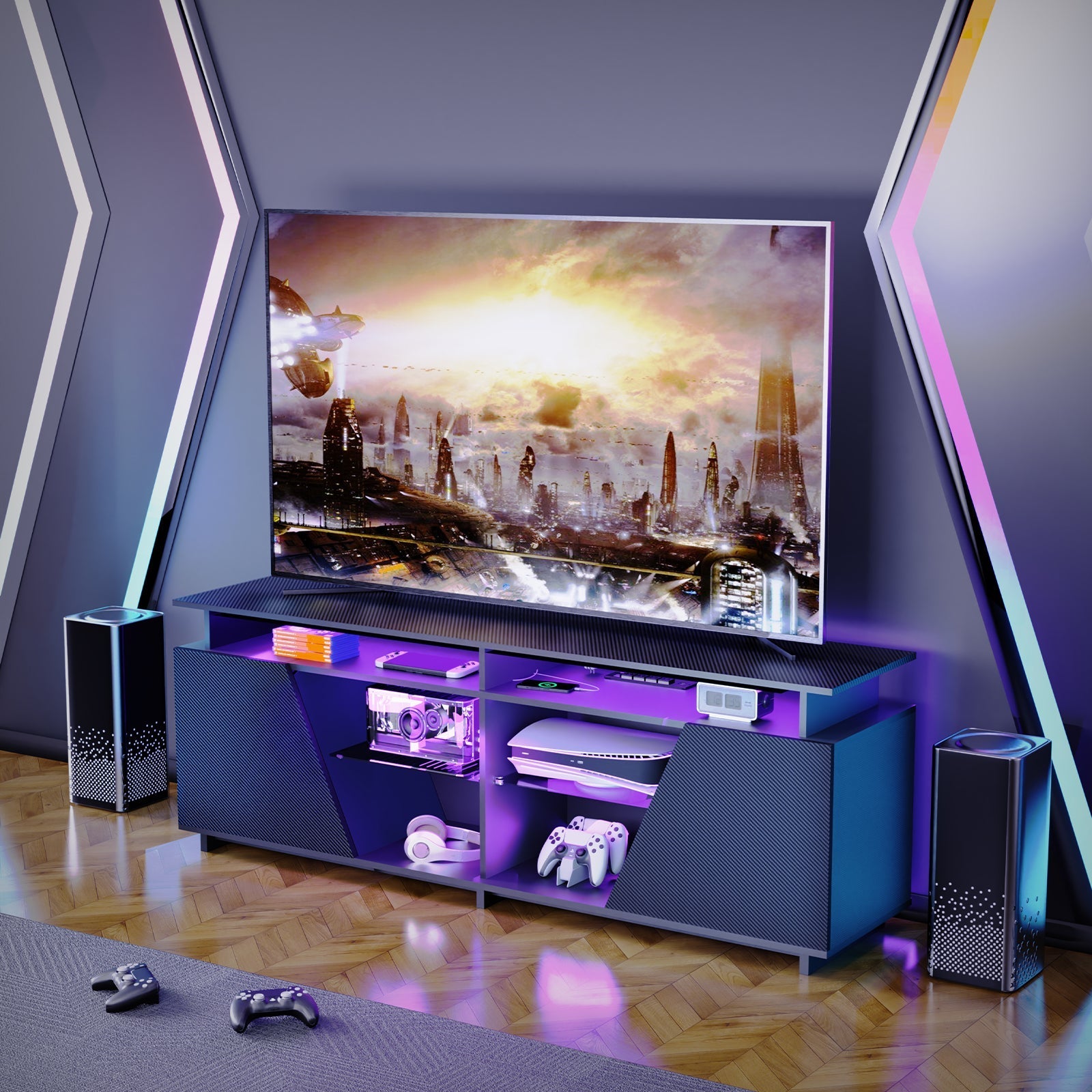 Gaming TV Stand for PS5 with Power Outlet,for TVs 75 inch and Below,LED Entertainment Center,Suitable for Living Room,Bedroom V.I.P Digital Presence