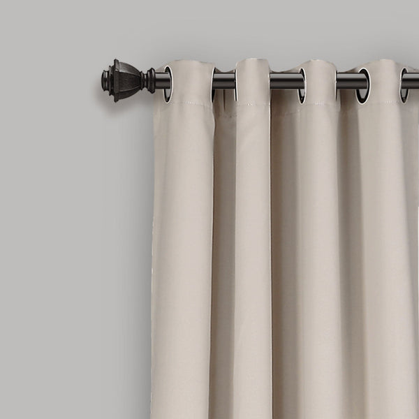 Beige curtains with a black curtain rod against a gray background
