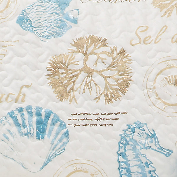 Seashell and coral pattern with text on a white background