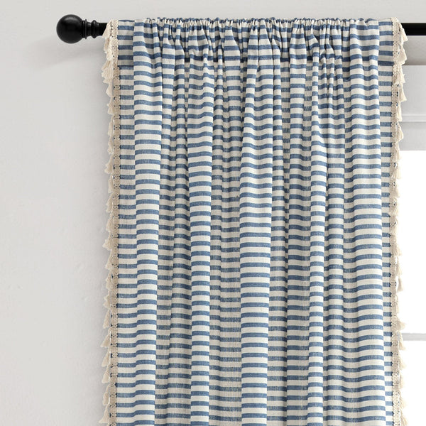 Boho Coastal Horizontal Ticking Stripe Tassel Window Curtain Panel Set