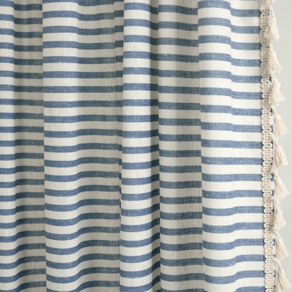 Boho Coastal Horizontal Ticking Stripe Tassel Window Curtain Panel Set