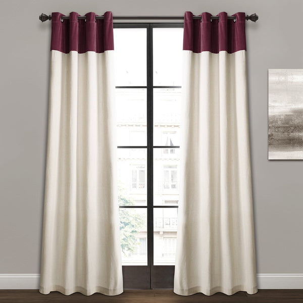 White curtains with burgundy top panels hanging in front of a window.