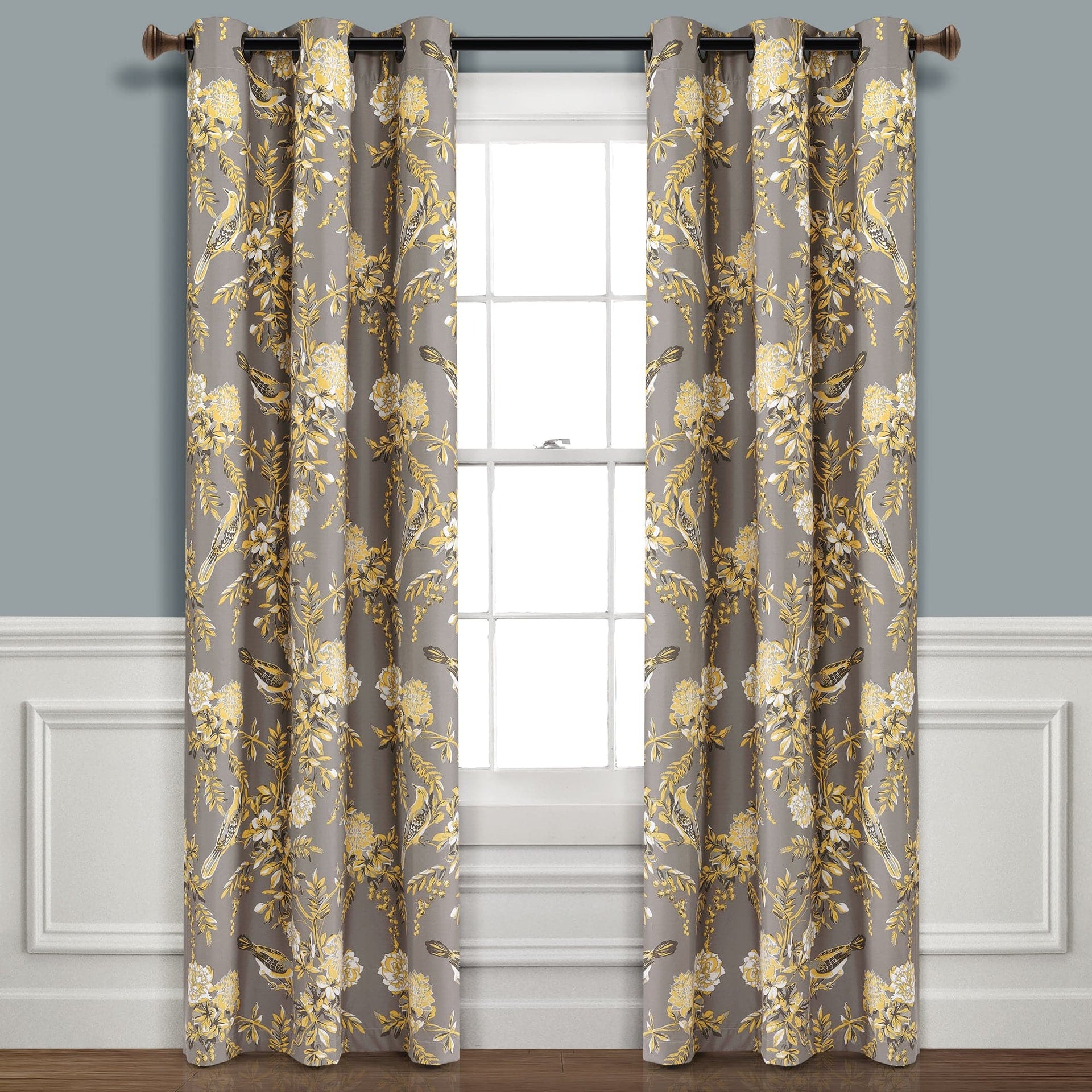 Farmhouse Bird And Flower Insulated Grommet Blackout Window Curtain Panel Set