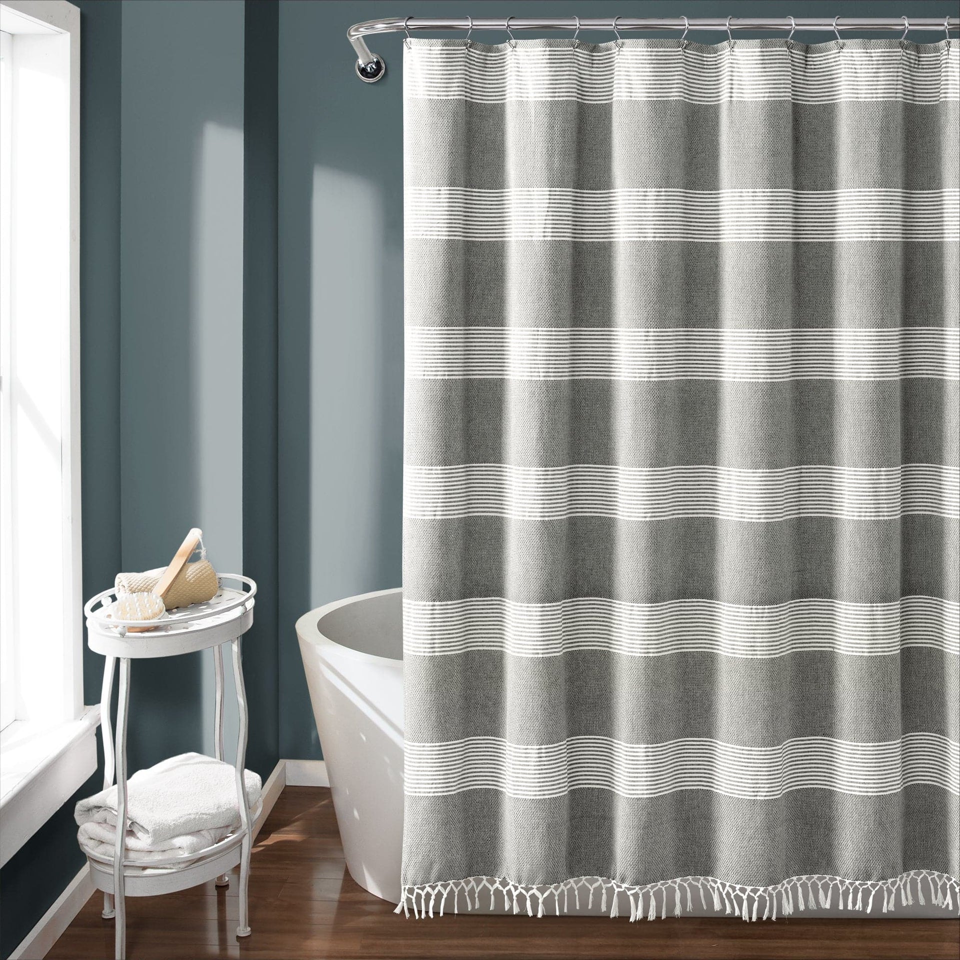Tucker Stripe Yarn Dyed Knotted Tassel Shower Curtain