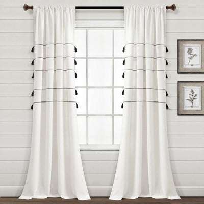 Farmhouse Boho Stripe Woven Tassel Yarn Dyed Recycled Cotton Blend Window Curtain Panel Set