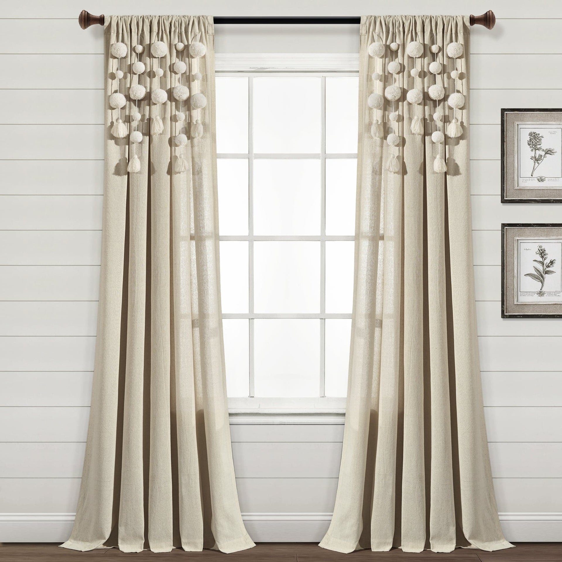 Boho Pom Pom Tassel Faux Linen Window Curtain Panel