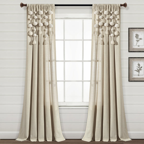 Boho Pom Pom Tassel Faux Linen Window Curtain Panel