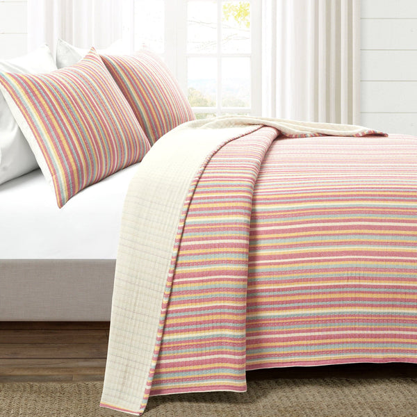 Tracy Stripe Pick Stitch Kantha Yarn Dyed Cotton Woven Quilt/Coverlet Set
