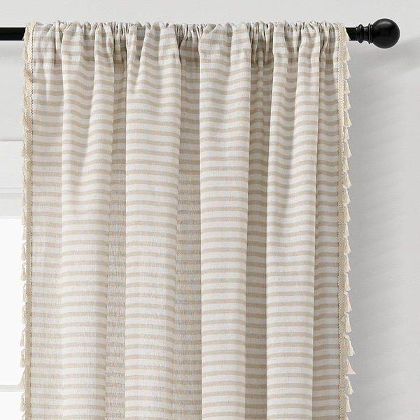 Boho Coastal Horizontal Ticking Stripe Tassel Window Curtain Panel Set