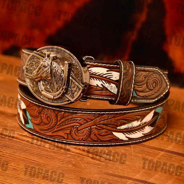 Waist 42-46 inch Western Leather Feather Belt - Block Buckle