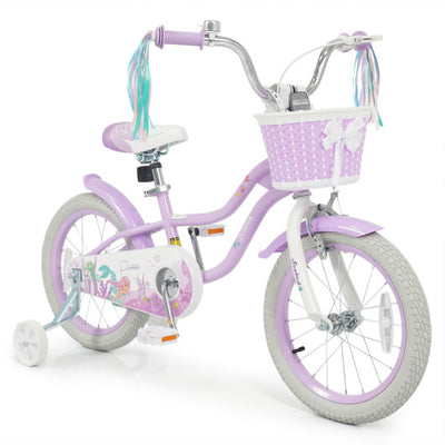 16 Inch Kids Bike Adjustable with Basket and Streamers Purple - Princess of the Sea Theme