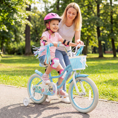 16 Inch Kids Bike Adjustable with Basket and Streamers Blue for Kids Aged 4-7 Years Old - Princess of the Sea Theme