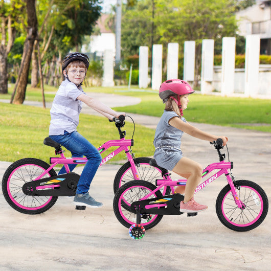 Patented 16 Inch LED Lighted Kids Bike with Training Wheels and Headlight for Ages 4-7 Years-16 inches