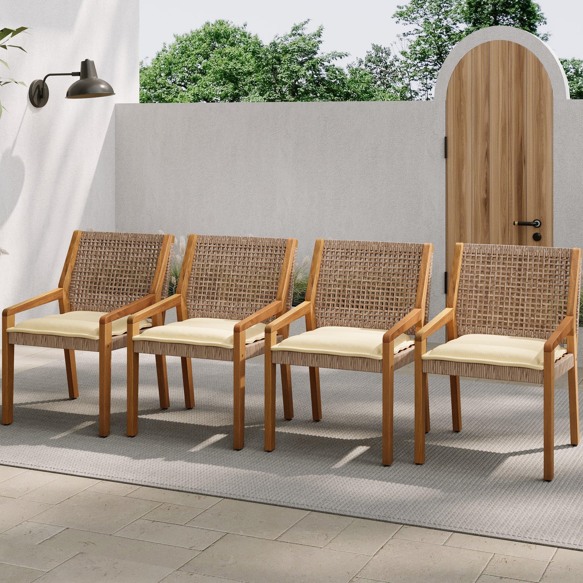 6 Outdoor Acacia Wood and Wicker Dining Chairs Set