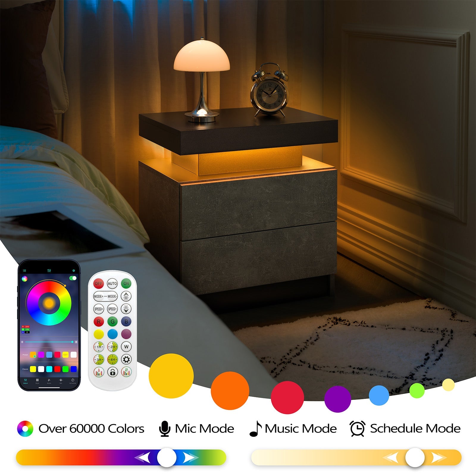 Modern LED Nightstand Bedside Table with 2 Drawers