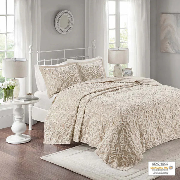 Sabrina 3 Piece Tufted Cotton Chenille Bedspread Set - Taupe - Gifts for You 'n Me