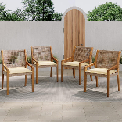 6 Outdoor Acacia Wood and Wicker Dining Chairs Set