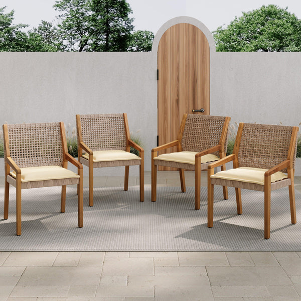 6 Outdoor Acacia Wood and Wicker Dining Chairs Set