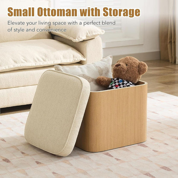 Beige Linen Upholstered Storage Ottoman With Footrest