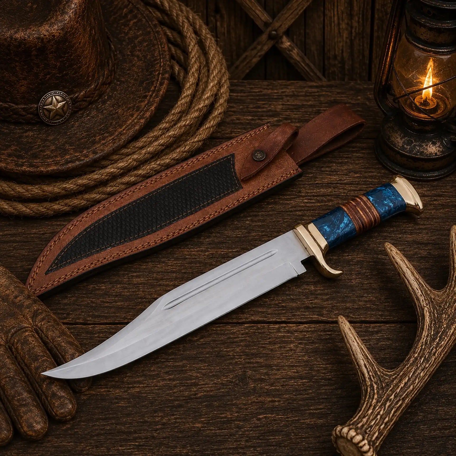 Australian Outback Bowie Knife – D2 Steel With Resin & Stacked Leather Handle