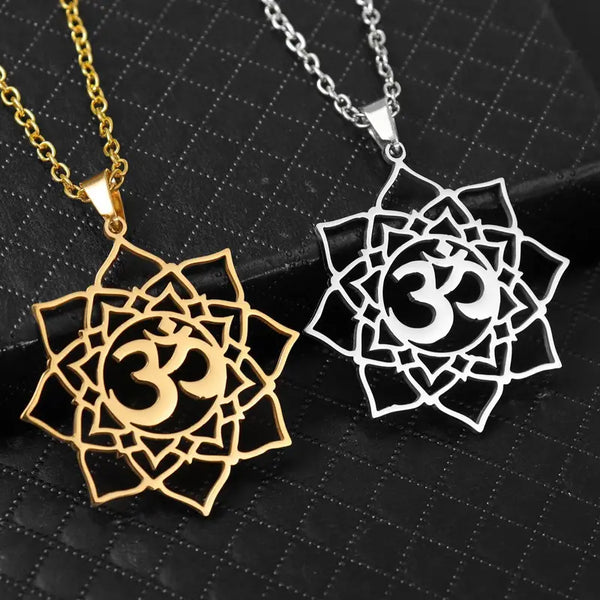 1pc Exquisite Stainless Steel Om Yoga Symbol Lotus Shape Pendant Necklace - Fashionable Jewelry Gift for Men and Women