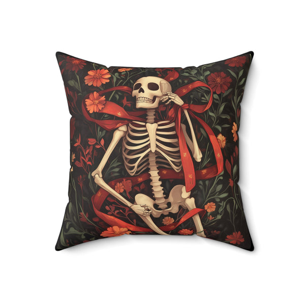 Microsuede Cushion / Halloween Art / Skeleton - Red Ribbon, Orange Flowers