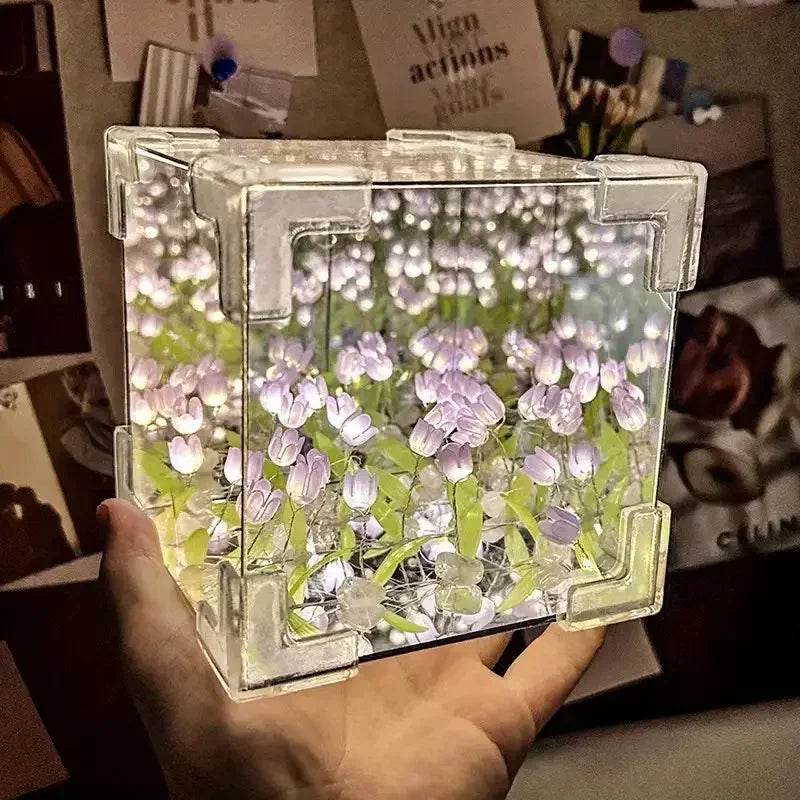 DIY Tulip Mirror Cube Lamp – Handmade Romantic Flower Table Light for Home Decor