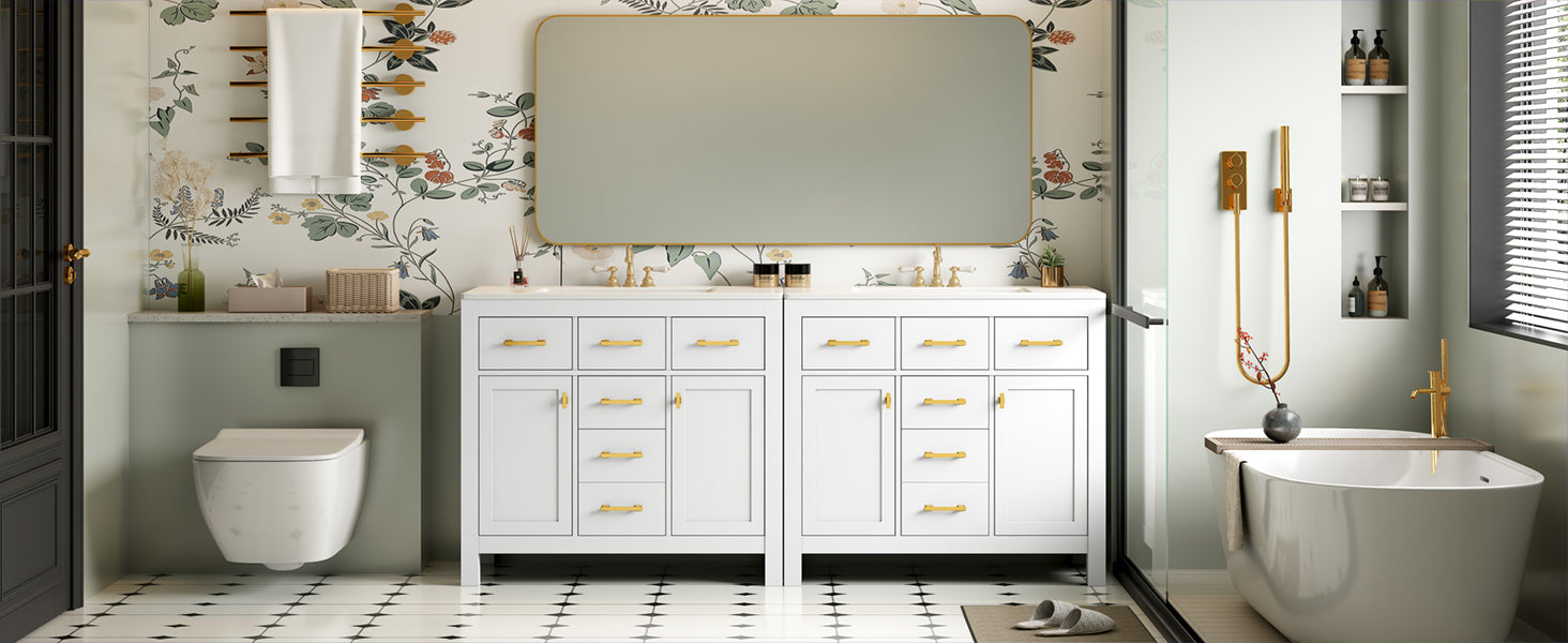 Modern Freestanding Bathroom Vanity Set with Drawers & Storage Cabinet, Solid Wood Frame