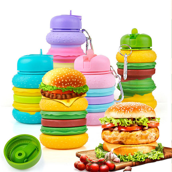 Children's Creative Hamburger Water Cup Portable Anti-Fall Leak-Proof Silicone Water Cup Silicone Telescopic Folding Cup Outdoor Sports Water Bottle