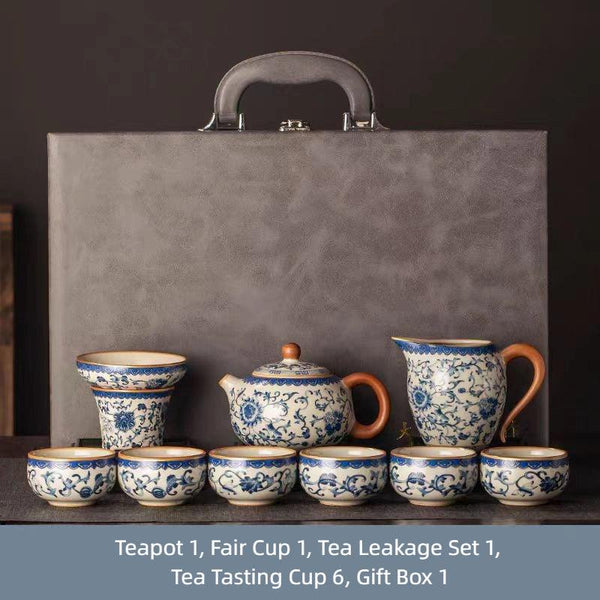Blue and white rice yellow Ru kiln Kung Fu tea set household ceramic teapot