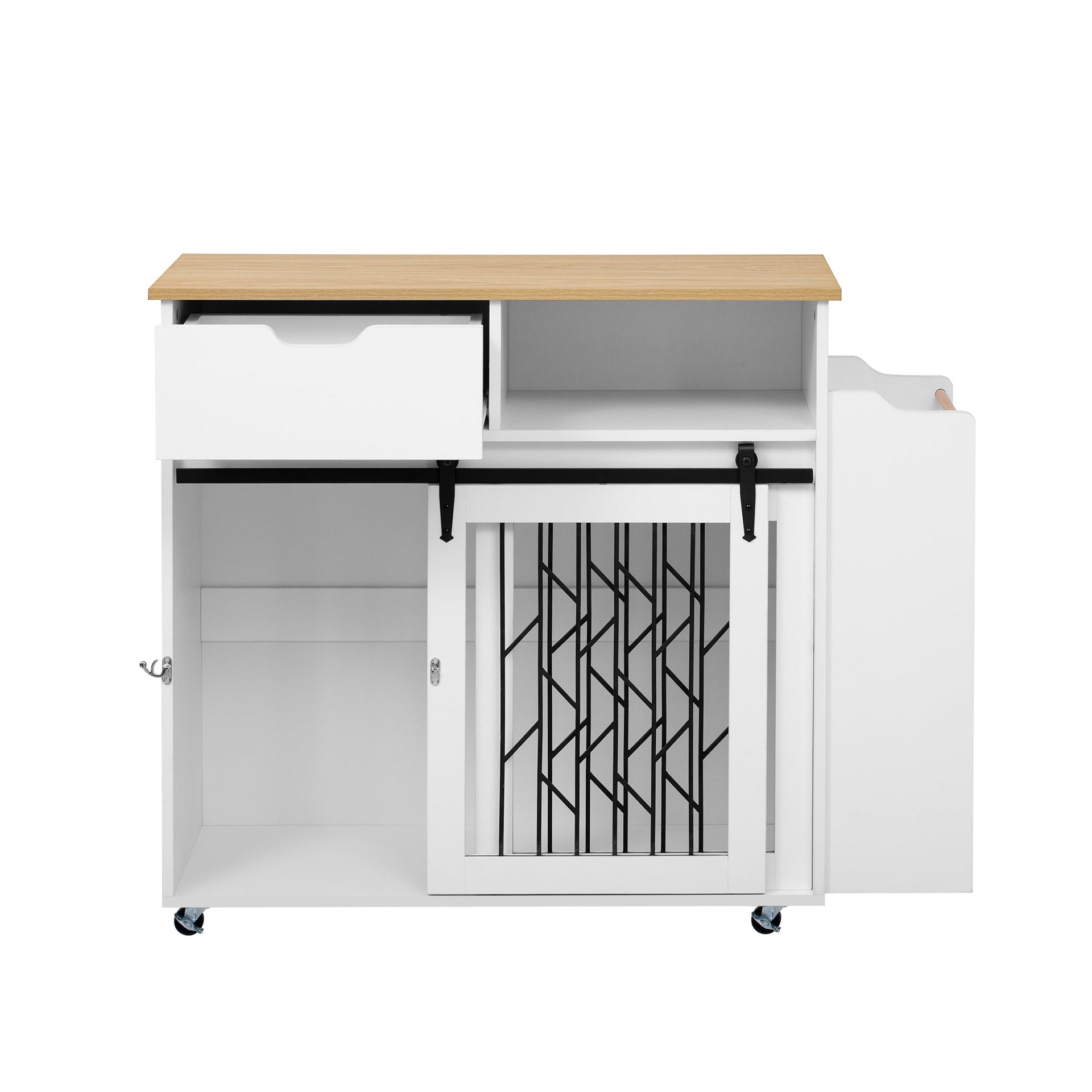 Modern Style 2-in-1 Pet Friendly Dog Crate Kitchen Island End Table Natural White MDF Metal Pine